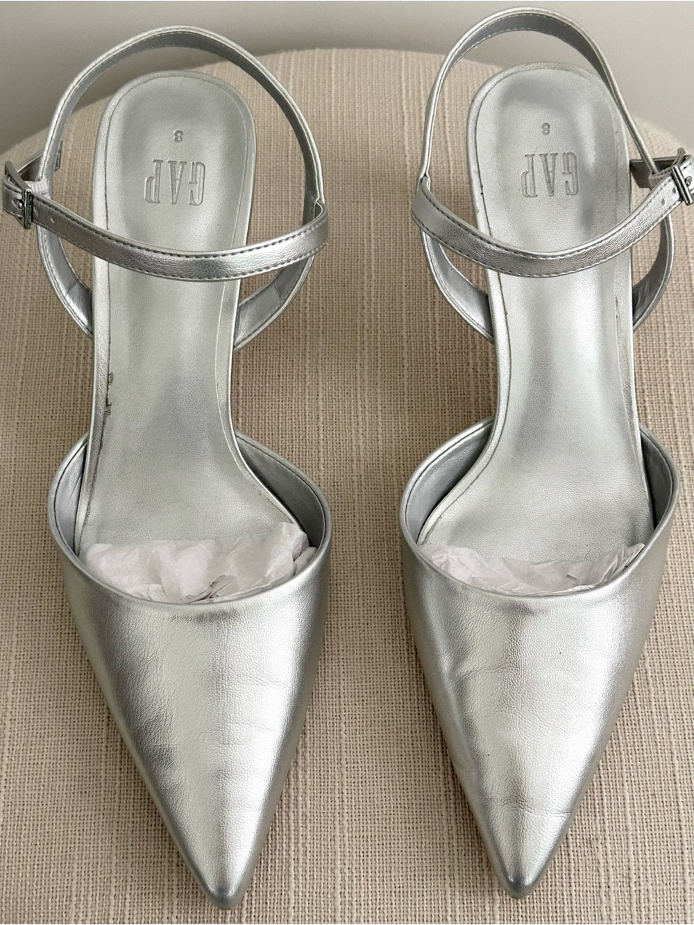 Silver Metallic Pointed Toe Ankle Strap Sling Kitten Heels - Fall / Holiday